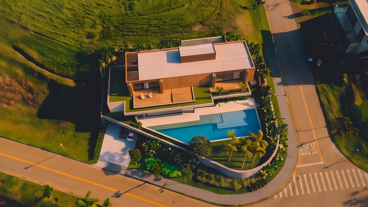 Ilustração de uma casa térrea com piscina, vista do alto