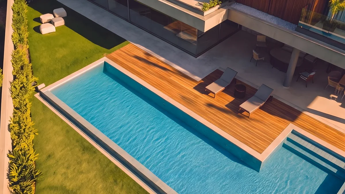 Ilustração de piscina com deque de madeira e espreguiçadeiras