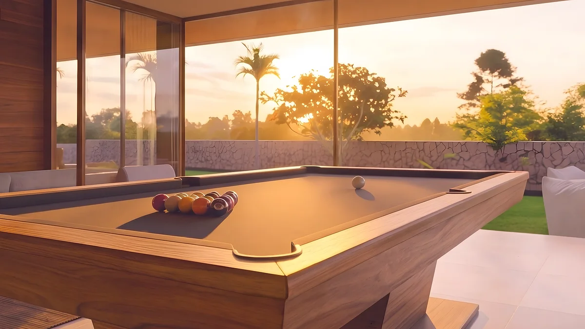 Ilustração de uma sala de jogos com mesa de sinuca diante de janelas amplas